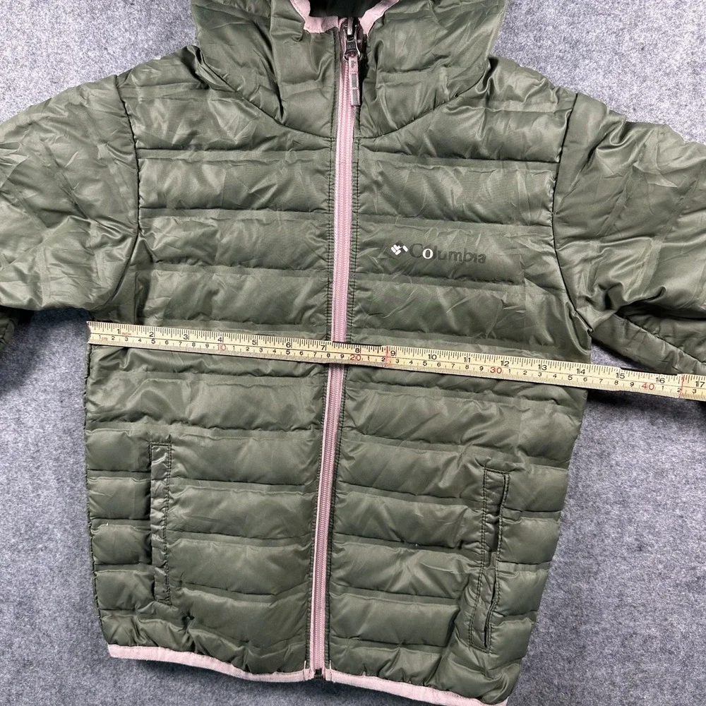 Columbia Puffer Jacket XS Olive Green Pink Trim Insulated Hooded